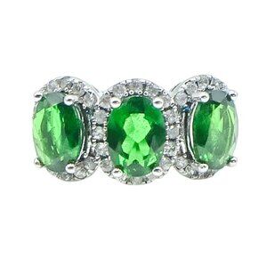 Chrome Diopside and White Topaz Three Stone Ring Sterling Silver Size 5